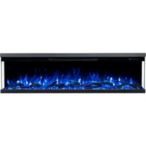 Driezijdige elektrische haard Emotion Flame Unity in vooraanzicht met een modern blauw vlameffect op realistische houtblokken.