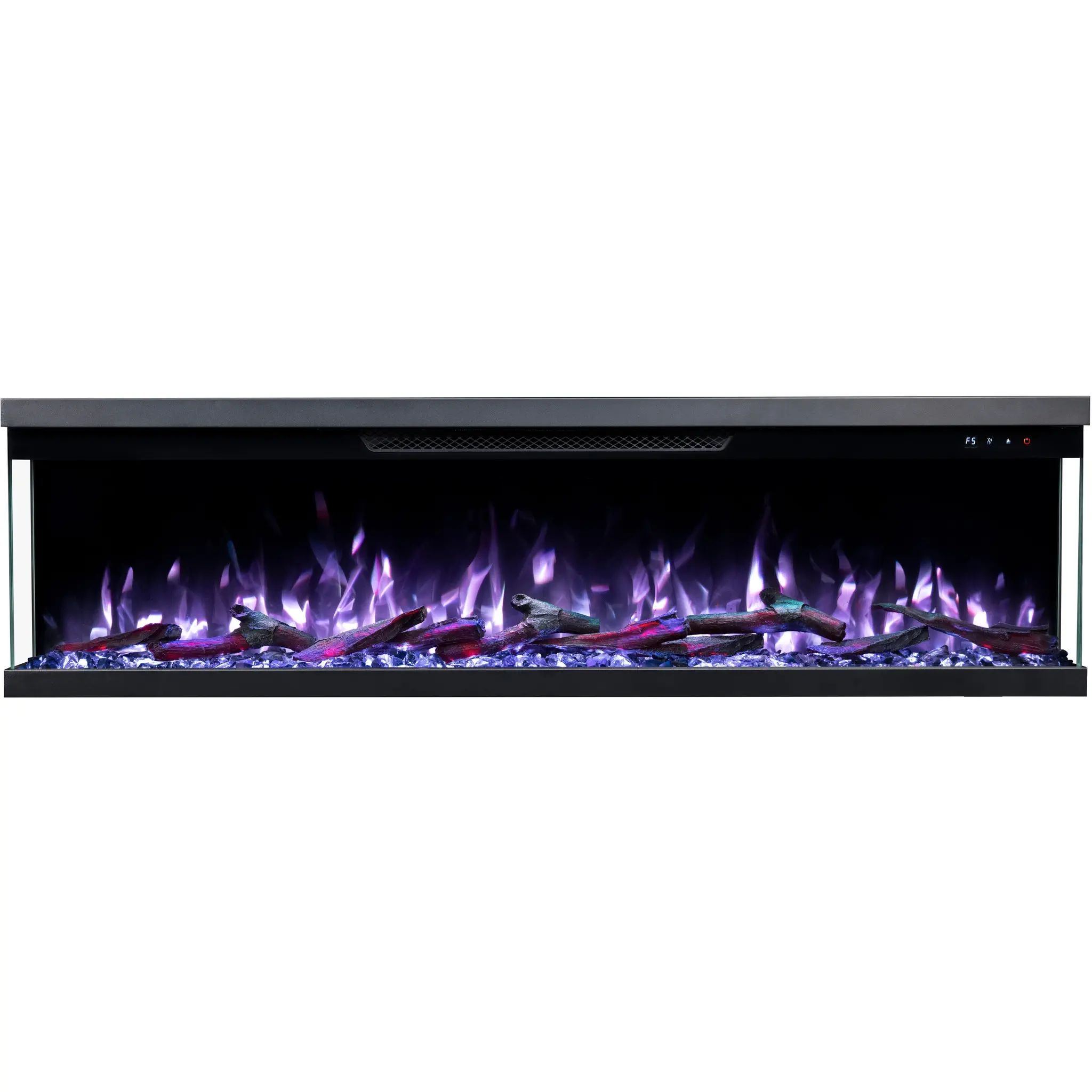 Driezijdige elektrische haard Emotion Flame Unity in vooraanzicht met een paars vlameffect, lichtgevende kristallen en houtdecoratie.