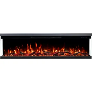Driezijdige elektrische haard Emotion Flame Unity in vooraanzicht met een oranje vlameffect, realistische houtblokken en kristallen.
