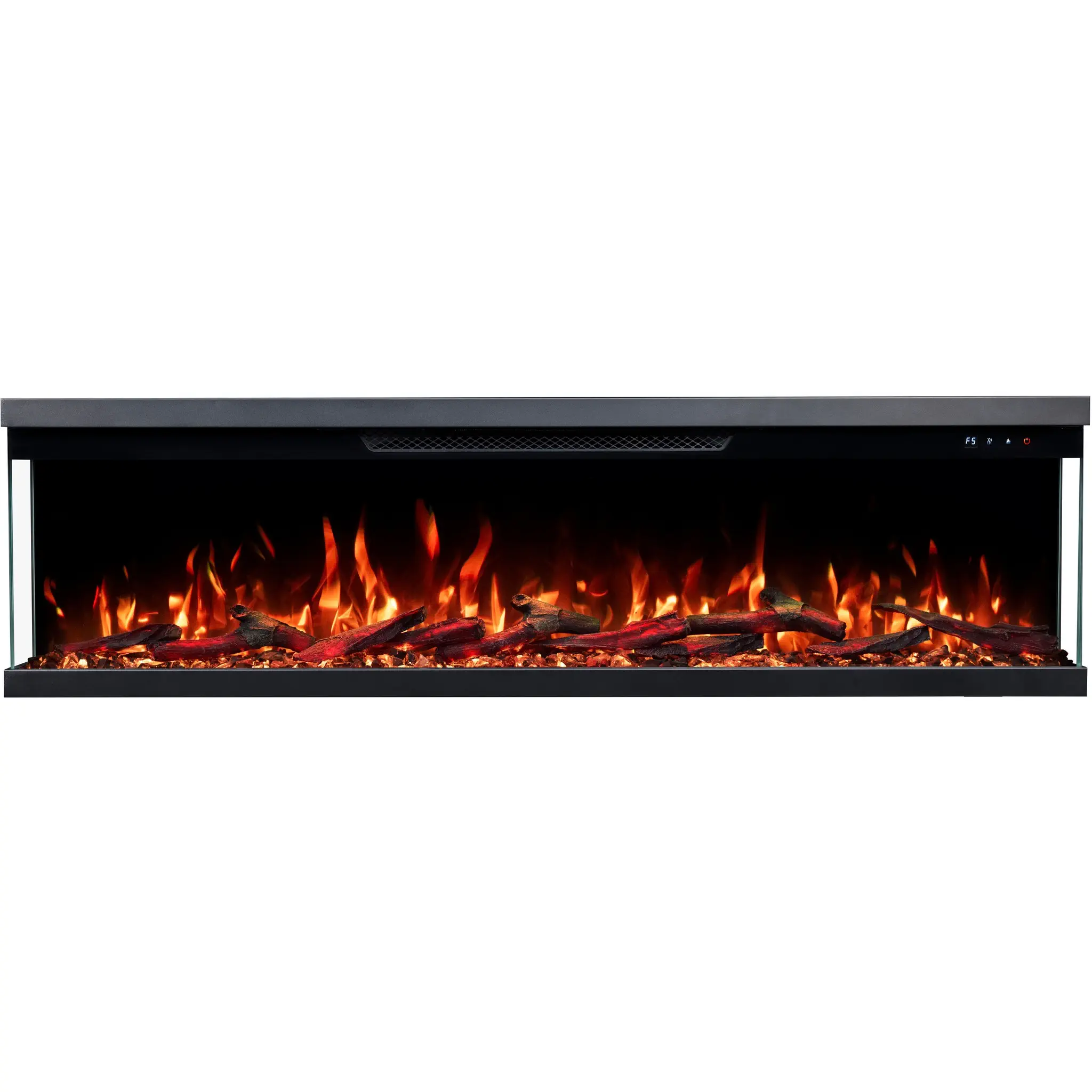 Driezijdige elektrische haard Emotion Flame Unity in vooraanzicht met een oranje vlameffect, realistische houtblokken en kristallen.