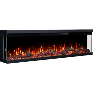 Driezijdige elektrische LED-haard Emotion Flame Unity schuin van opzij gezien, met oranje vuur, houtblokken en kristallen.