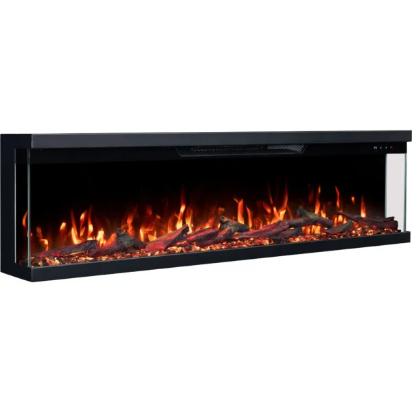 Driezijdige elektrische LED-haard Emotion Flame Unity schuin van opzij gezien, met oranje vuur, houtblokken en kristallen.