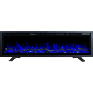 Elektrische haard met blauwe vlam Emotion Flame Regal als vrijstaand apparaat, vooraanzicht van het sintelbed met kristallen.