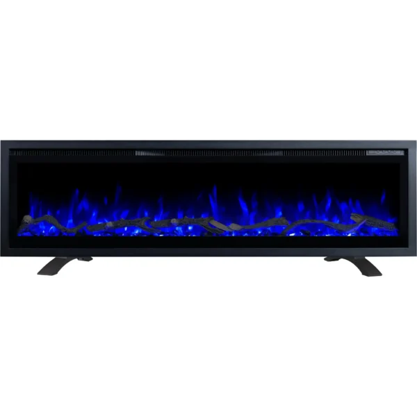 Elektrische haard met blauwe vlam Emotion Flame Regal als vrijstaand apparaat, vooraanzicht van het sintelbed met kristallen.