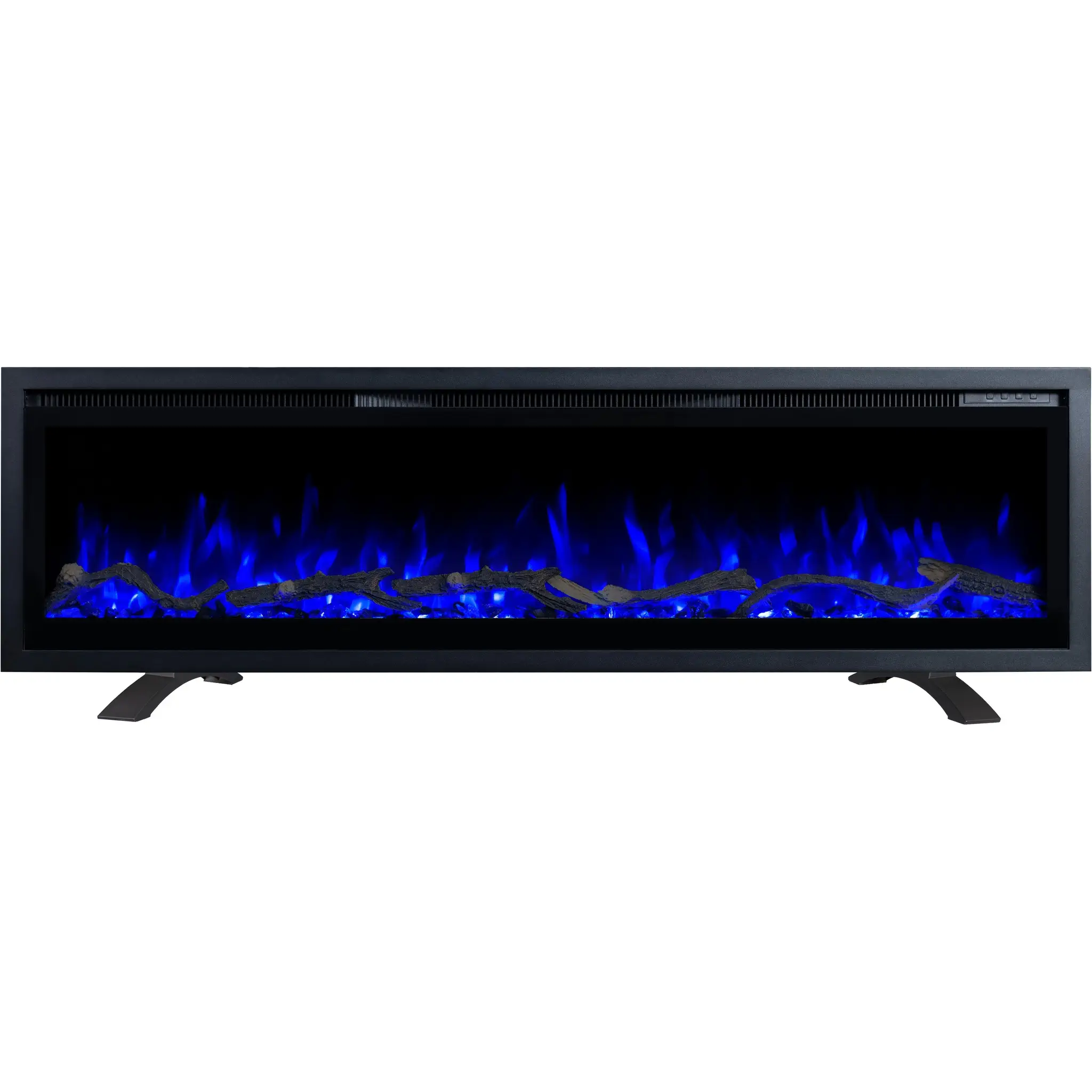 Elektrische haard met blauwe vlam Emotion Flame Regal als vrijstaand apparaat, vooraanzicht van het sintelbed met kristallen.