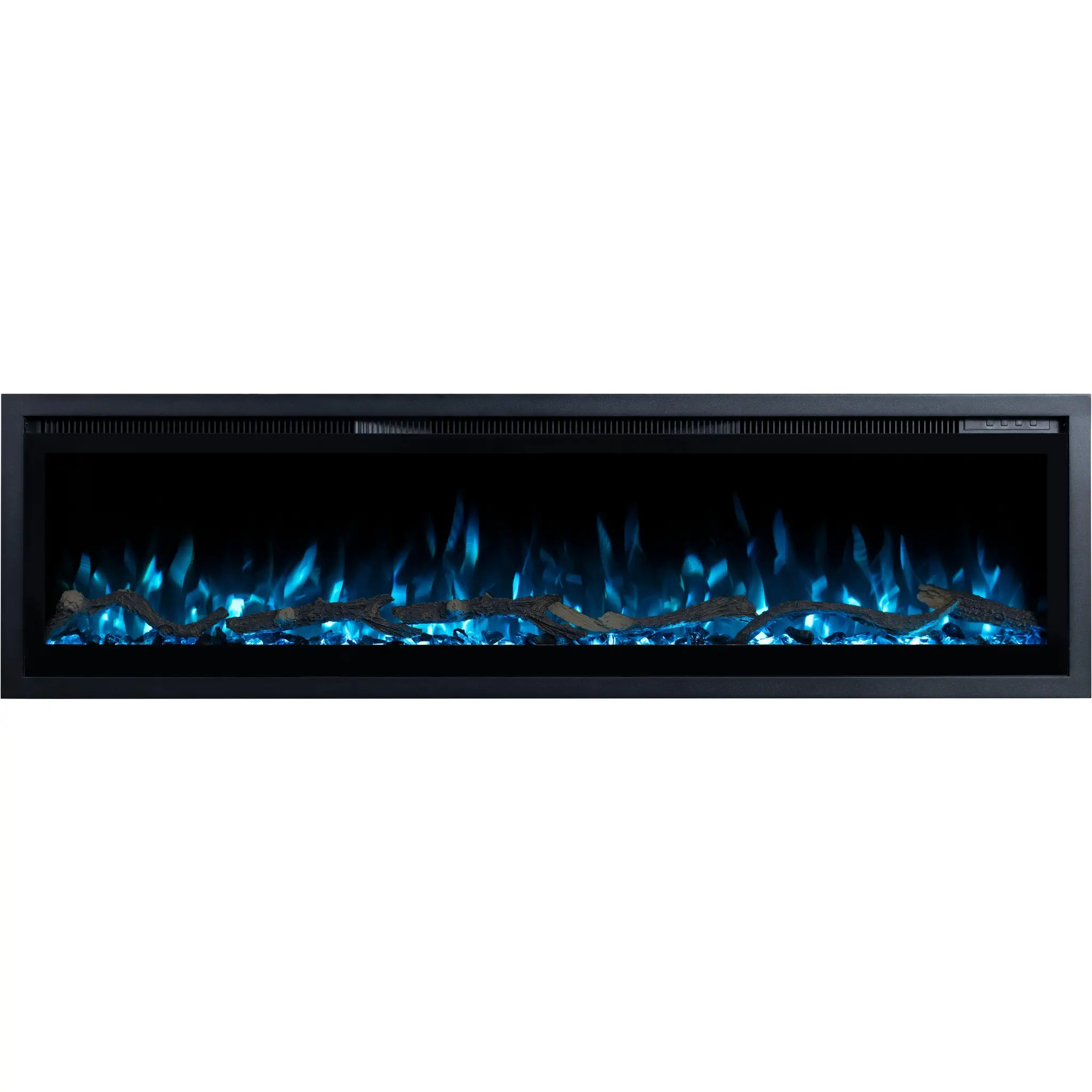Glazen voorzijde van de elektrische haard Emotion Flame Regal met lichtblauwe LED-vlam die het sintelbed met houtblokken tot leven wekt.