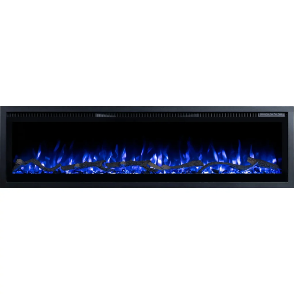 Decoratieve elektrische haard Emotion Flame Regal met paars vlameffect, elegant vooraanzicht van het sintelbed.
