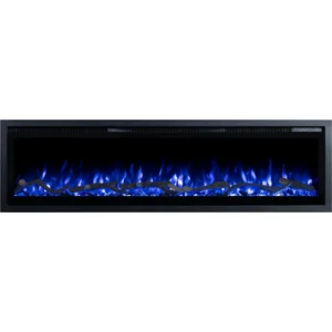 Decoratieve elektrische haard Emotion Flame Regal met paars vlameffect, elegant vooraanzicht van het sintelbed.