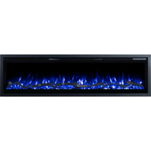 Decoratieve elektrische haard Emotion Flame Regal met paars vlameffect, elegant vooraanzicht van het sintelbed.