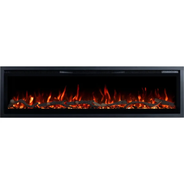 Elektrische haard Emotion Flame Regal met realistisch rood vuur, klassiek vooraanzicht van de haard met hout en kristallen.