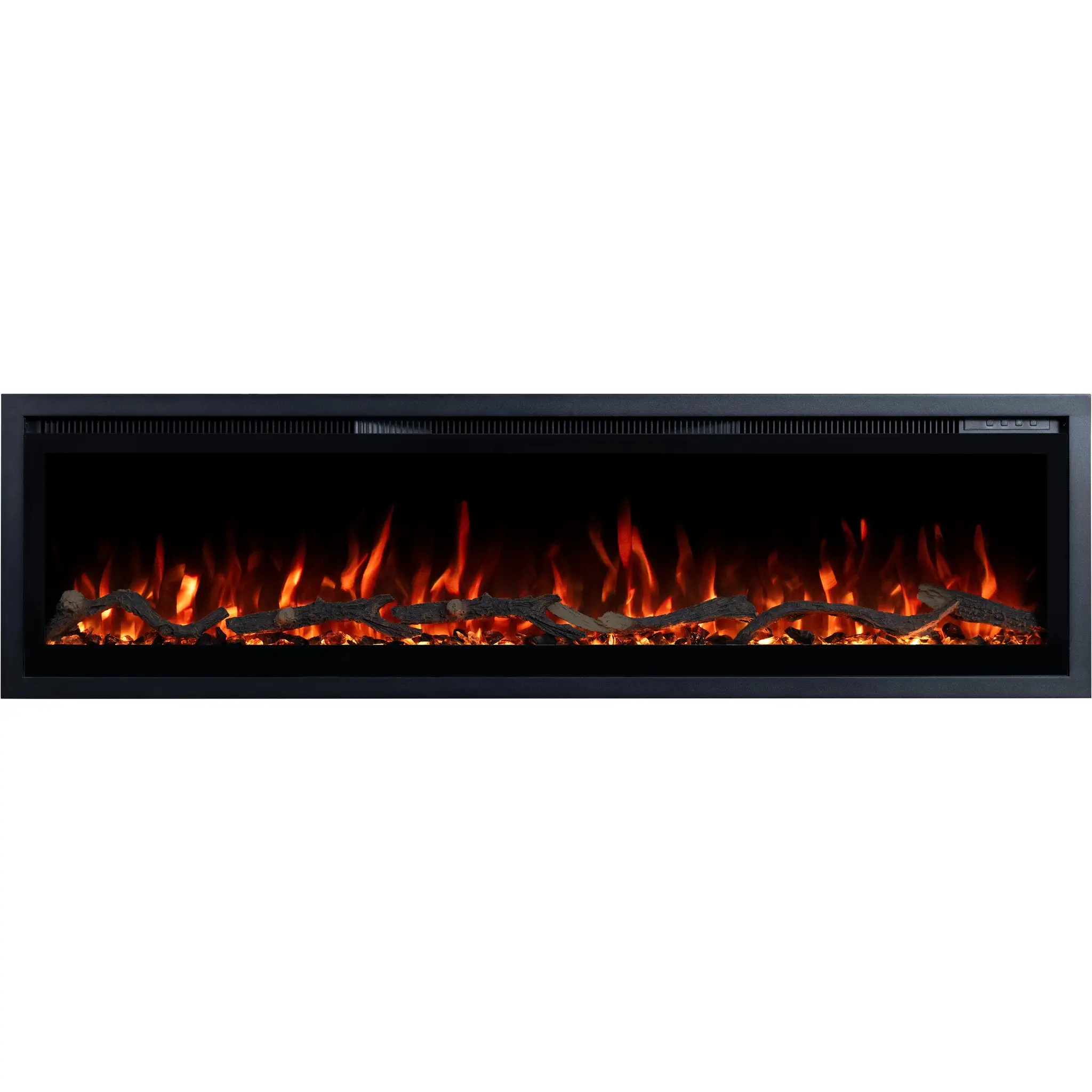 Elektrische haard Emotion Flame Regal met realistisch rood vuur, klassiek vooraanzicht van de haard met hout en kristallen.