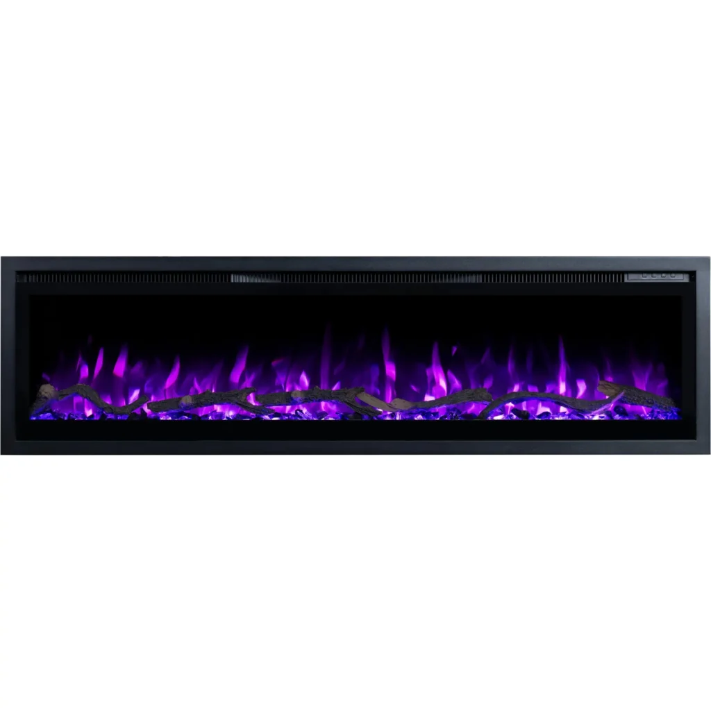 Elektrische haard Emotion Flame Regal met paars vlameffect, vooraanzicht van realistische houtblokken en kristallen.