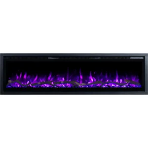 Elektrische haard Emotion Flame Regal met paars vlameffect, vooraanzicht van realistische houtblokken en kristallen.