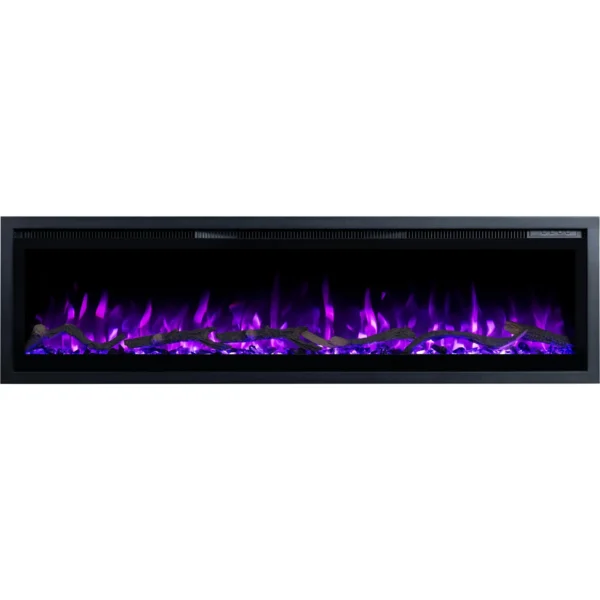 Elektrische haard Emotion Flame Regal met paars vlameffect, vooraanzicht van realistische houtblokken en kristallen.
