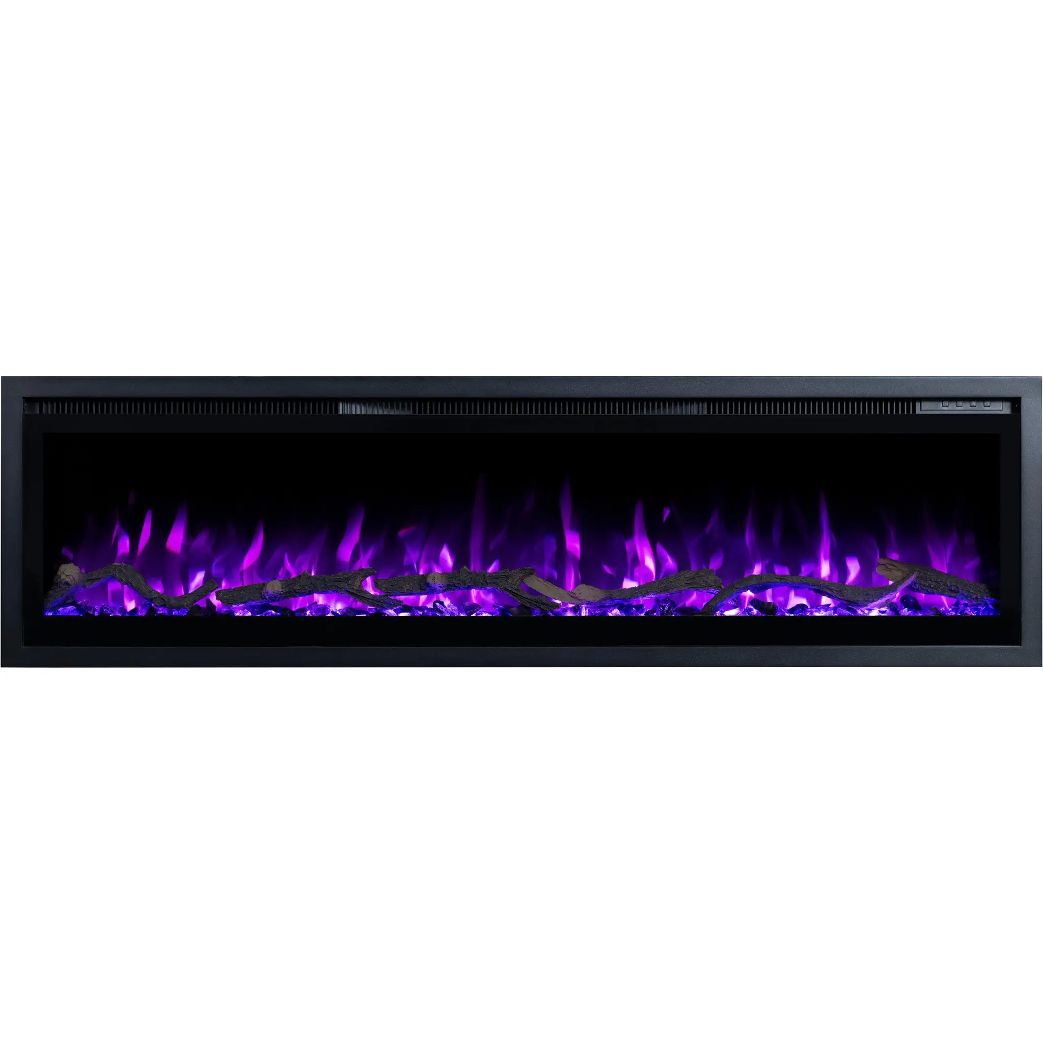 Elektrische haard Emotion Flame Regal met paars vlameffect, vooraanzicht van realistische houtblokken en kristallen.