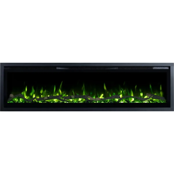 Elektrische haard met groene vlam Emotion Flame Regal, vooraanzicht van decoratief hout en lichtgevende kristallen.