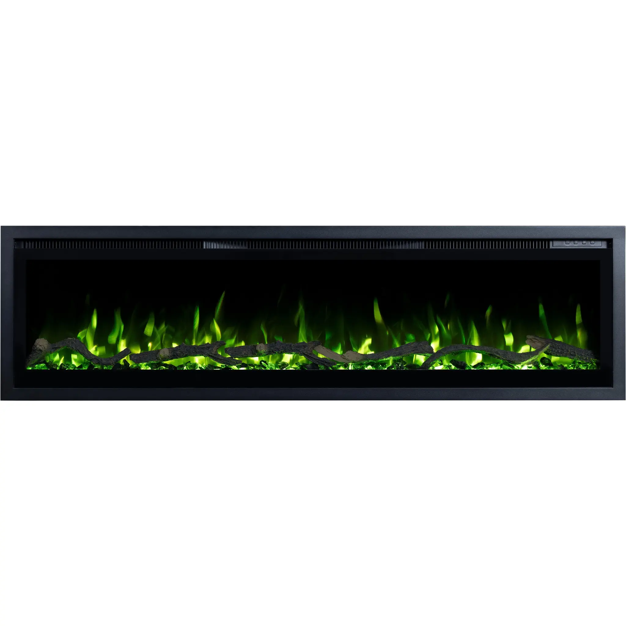 Elektrische haard met groene vlam Emotion Flame Regal, vooraanzicht van decoratief hout en lichtgevende kristallen.