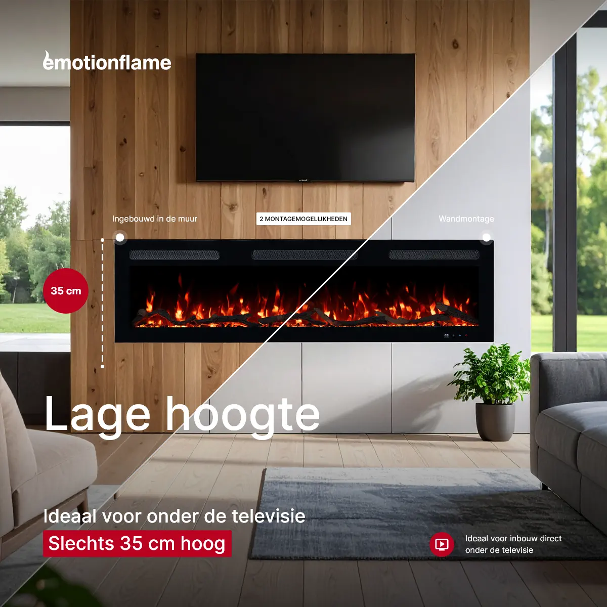 Elektrische haard Monarch van Emotion Flame met een geringe hoogte van 35 cm, ideaal voor inbouw of wandmontage onder de televisie.