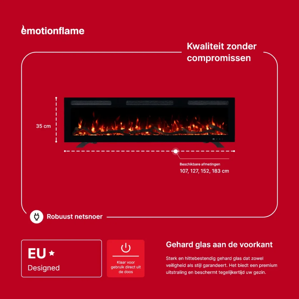 Elektrische haard Monarch van Emotion Flame - afmetingen: 35 cm hoog, beschikbare breedtes van 107 tot 183 cm. Met Europees design en gehard glazen voorpaneel.