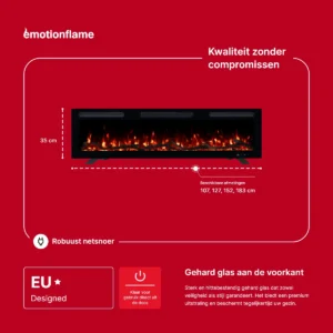 Elektrische haard Monarch van Emotion Flame - afmetingen: 35 cm hoog, beschikbare breedtes van 107 tot 183 cm. Met Europees design en gehard glazen voorpaneel.