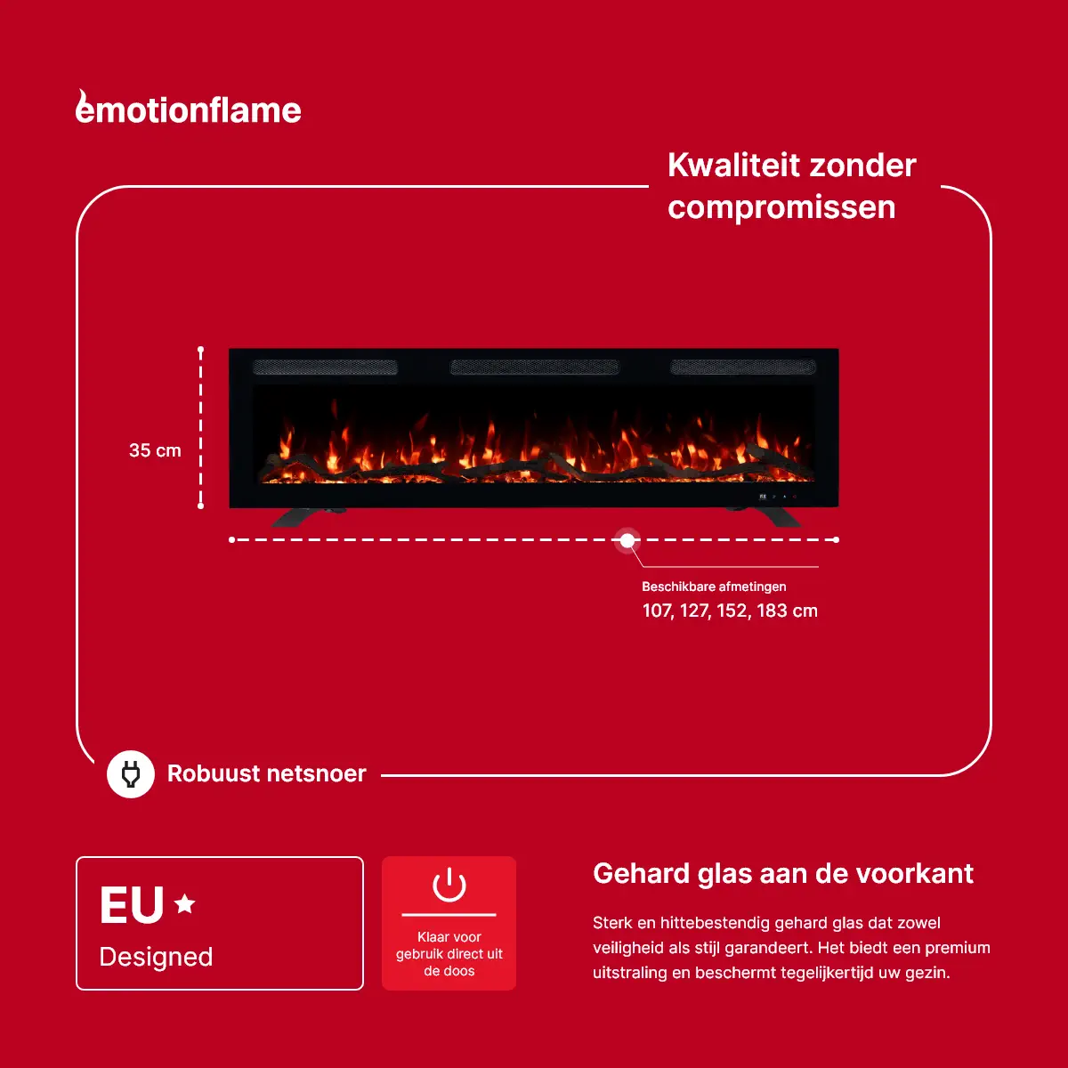 Elektrische haard Monarch van Emotion Flame - afmetingen: 35 cm hoog, beschikbare breedtes van 107 tot 183 cm. Met Europees design en gehard glazen voorpaneel.