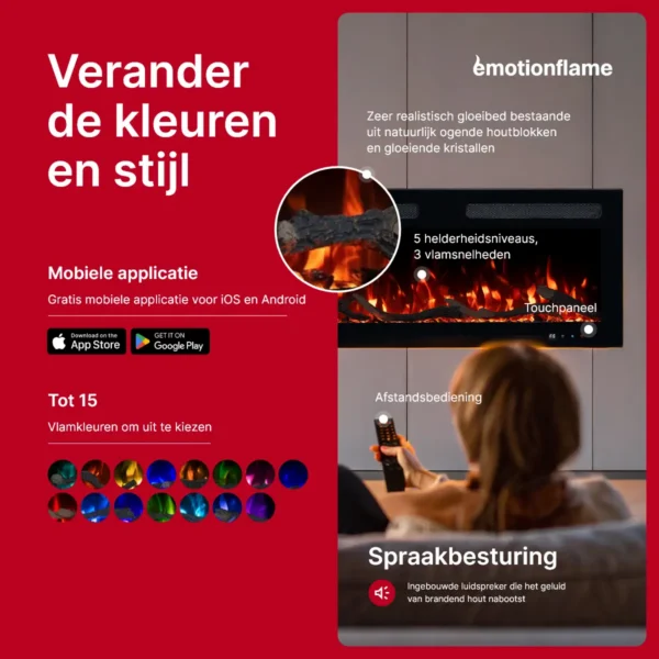 Elektrische haard Monarch van Emotion Flame - bediening via app, afstandsbediening en touch-paneel. Biedt 15 vlamkleuren, instelbare helderheid en knettergeluid.