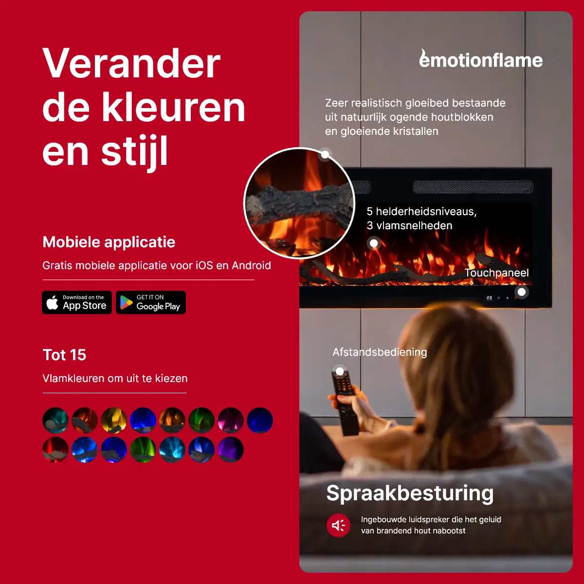 Elektrische haard Monarch van Emotion Flame - bediening via app, afstandsbediening en touch-paneel. Biedt 15 vlamkleuren, instelbare helderheid en knettergeluid.