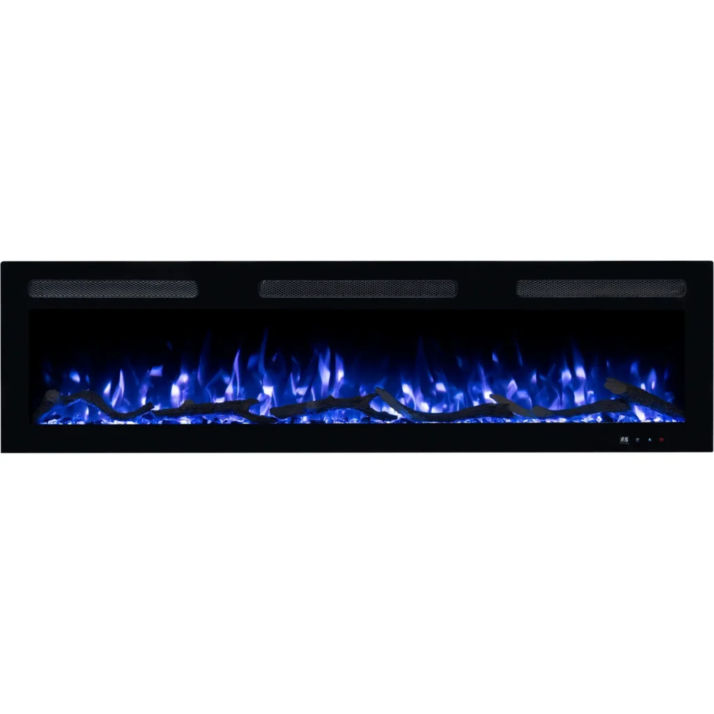 Moderne elektrische haard Monarch van Emotion Flame, vooraanzicht met een blauw vlameffect, decoratieve houtblokken en glaskristallen.