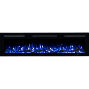Moderne elektrische haard Monarch van Emotion Flame, vooraanzicht met een blauw vlameffect, decoratieve houtblokken en glaskristallen.