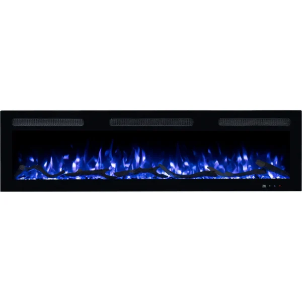 Moderne elektrische haard Monarch van Emotion Flame, vooraanzicht met een blauw vlameffect, decoratieve houtblokken en glaskristallen.