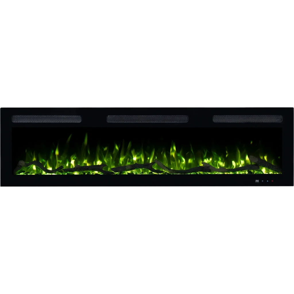 Elektrische haard Monarch van Emotion Flame in vooraanzicht, verlicht met een groen LED-vlameffect, met houtblokken en kristallen.