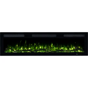 Elektrische haard Monarch van Emotion Flame in vooraanzicht, verlicht met een groen LED-vlameffect, met houtblokken en kristallen.