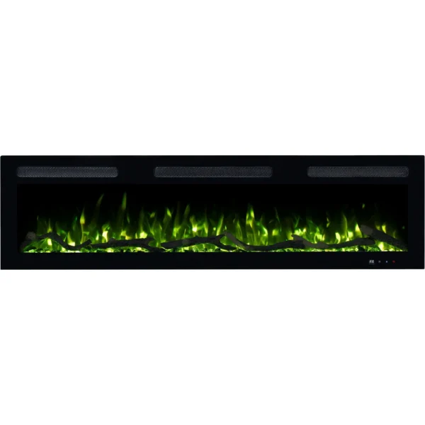 Elektrische haard Monarch van Emotion Flame in vooraanzicht, verlicht met een groen LED-vlameffect, met houtblokken en kristallen.