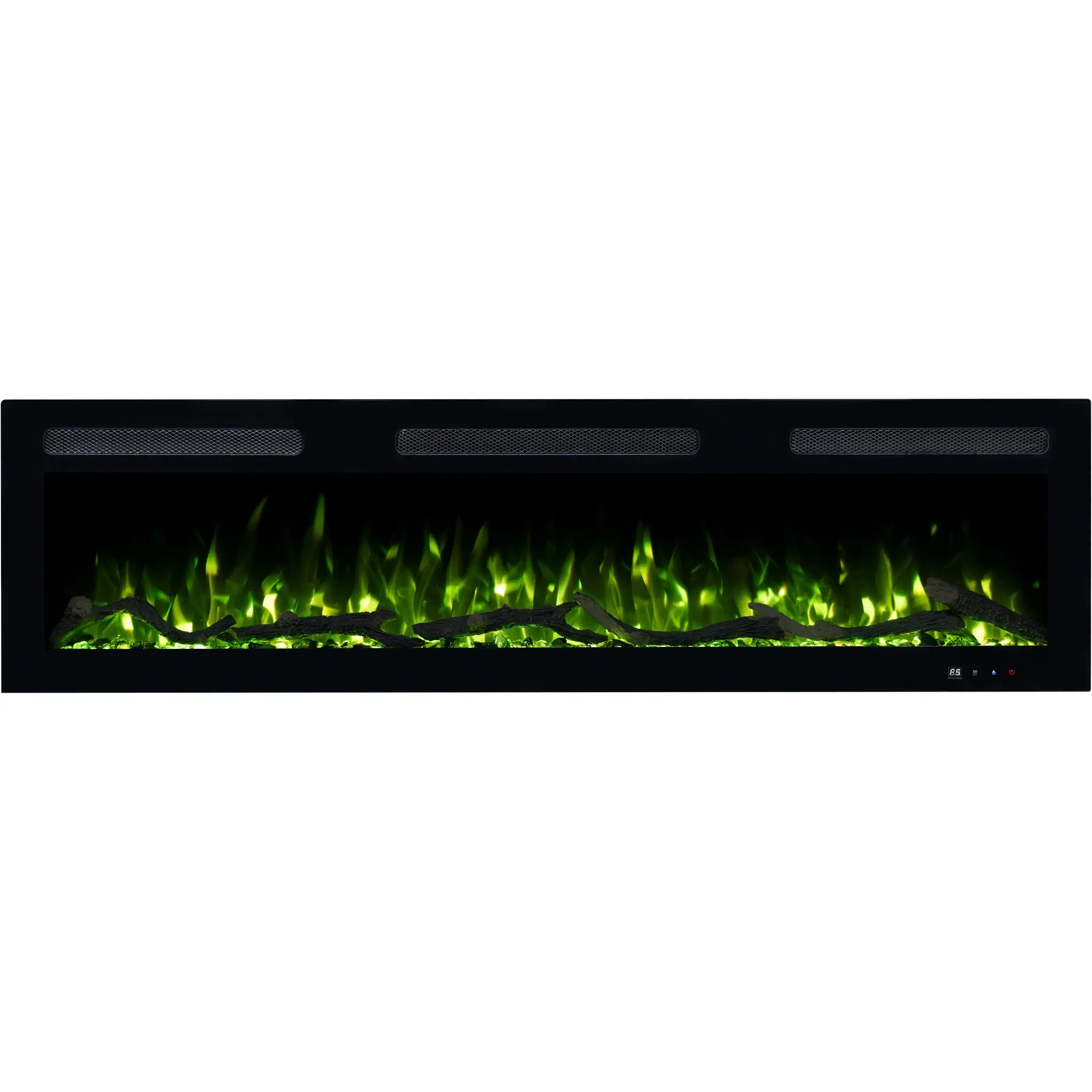 Elektrische haard Monarch van Emotion Flame in vooraanzicht, verlicht met een groen LED-vlameffect, met houtblokken en kristallen.