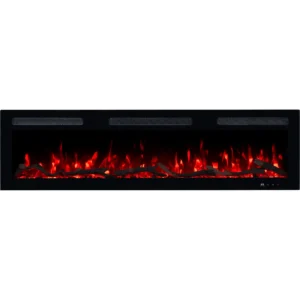 Elektrische haard Monarch van Emotion Flame, direct vooraanzicht met een klassiek rood vlameffect, houtblokken en kristallen.