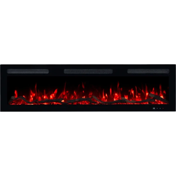 Elektrische haard Monarch van Emotion Flame, direct vooraanzicht met een klassiek rood vlameffect, houtblokken en kristallen.