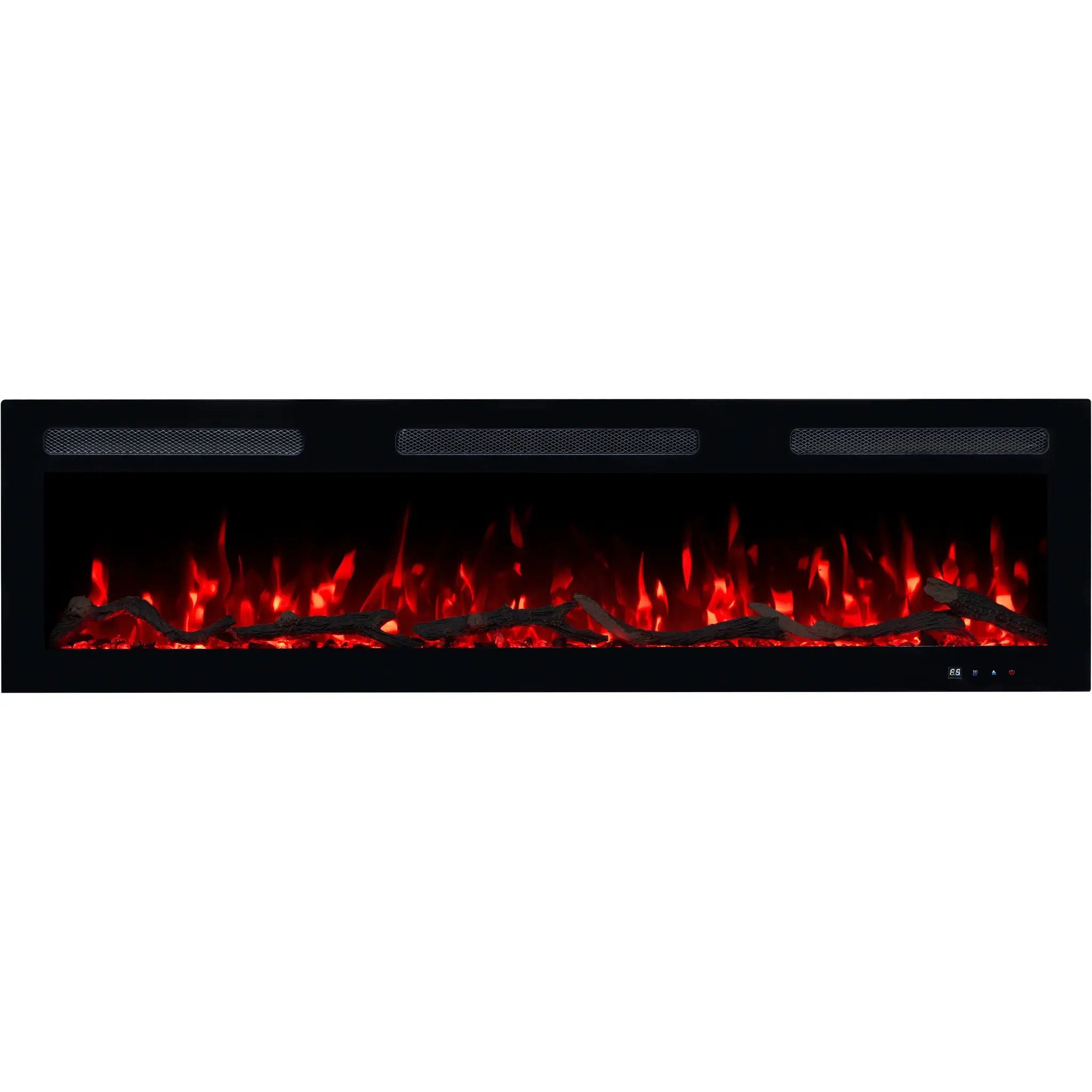 Elektrische haard Monarch van Emotion Flame, direct vooraanzicht met een klassiek rood vlameffect, houtblokken en kristallen.