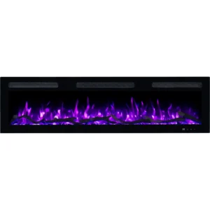 Elektrische haard Emotion Flame Monarch, vooraanzicht met een paars vlameffect boven een realistisch sintelbed van hout en kristallen.