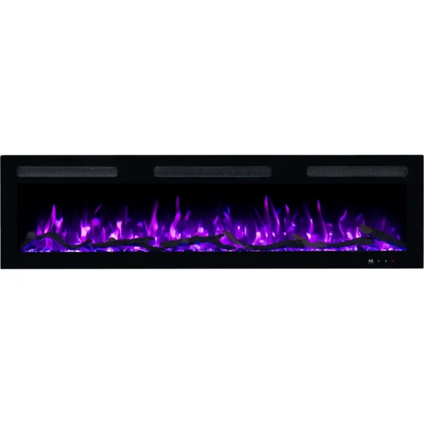 Elektrische haard Emotion Flame Monarch, vooraanzicht met een paars vlameffect boven een realistisch sintelbed van hout en kristallen.