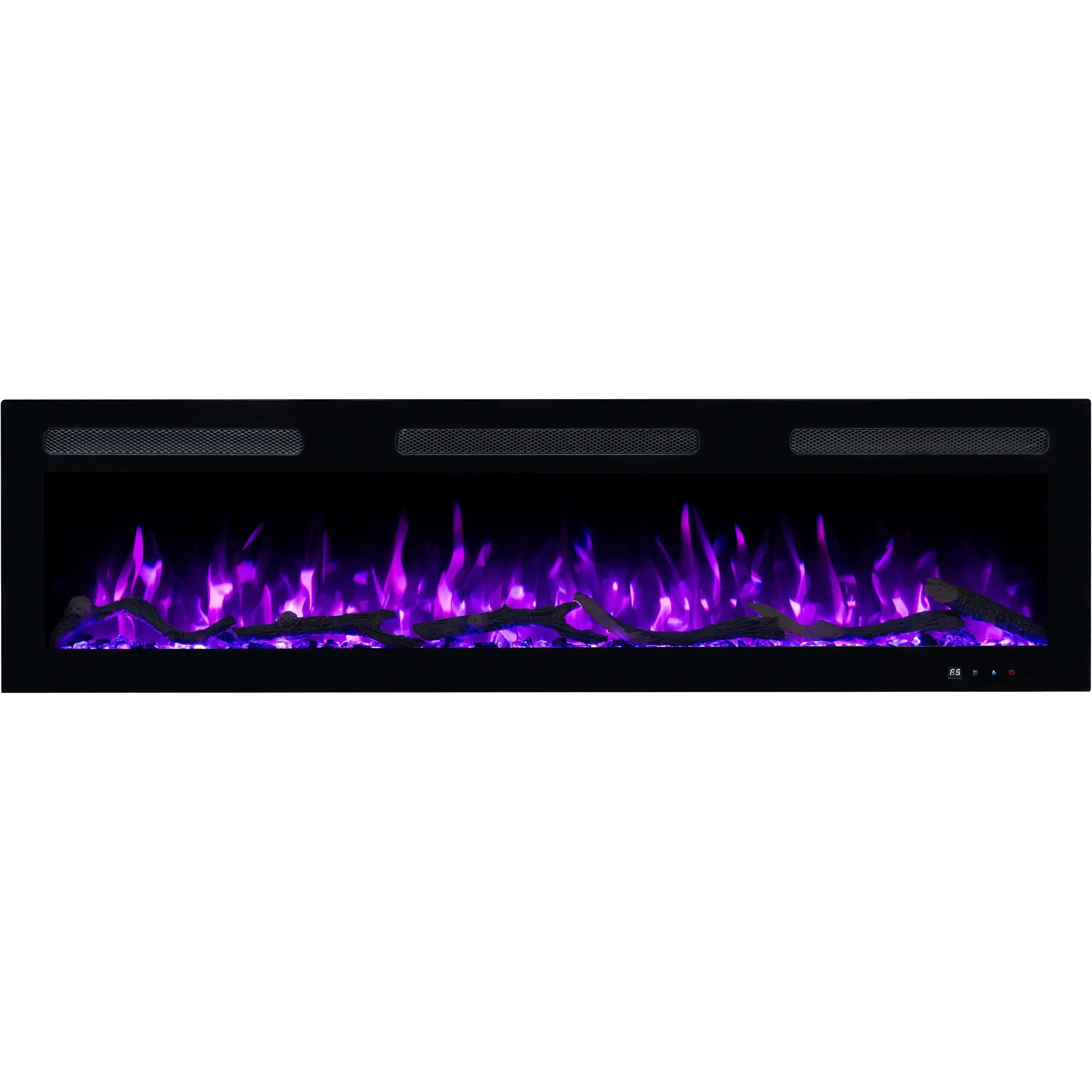 Elektrische haard Emotion Flame Monarch, vooraanzicht met een paars vlameffect boven een realistisch sintelbed van hout en kristallen.