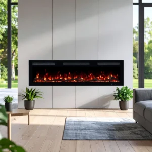Elektrische wandinbouwhaard Monarch van Emotion Flame, realistische vuuruitstraling met decoratief hout en kristallen in een modern interieurontwerp.