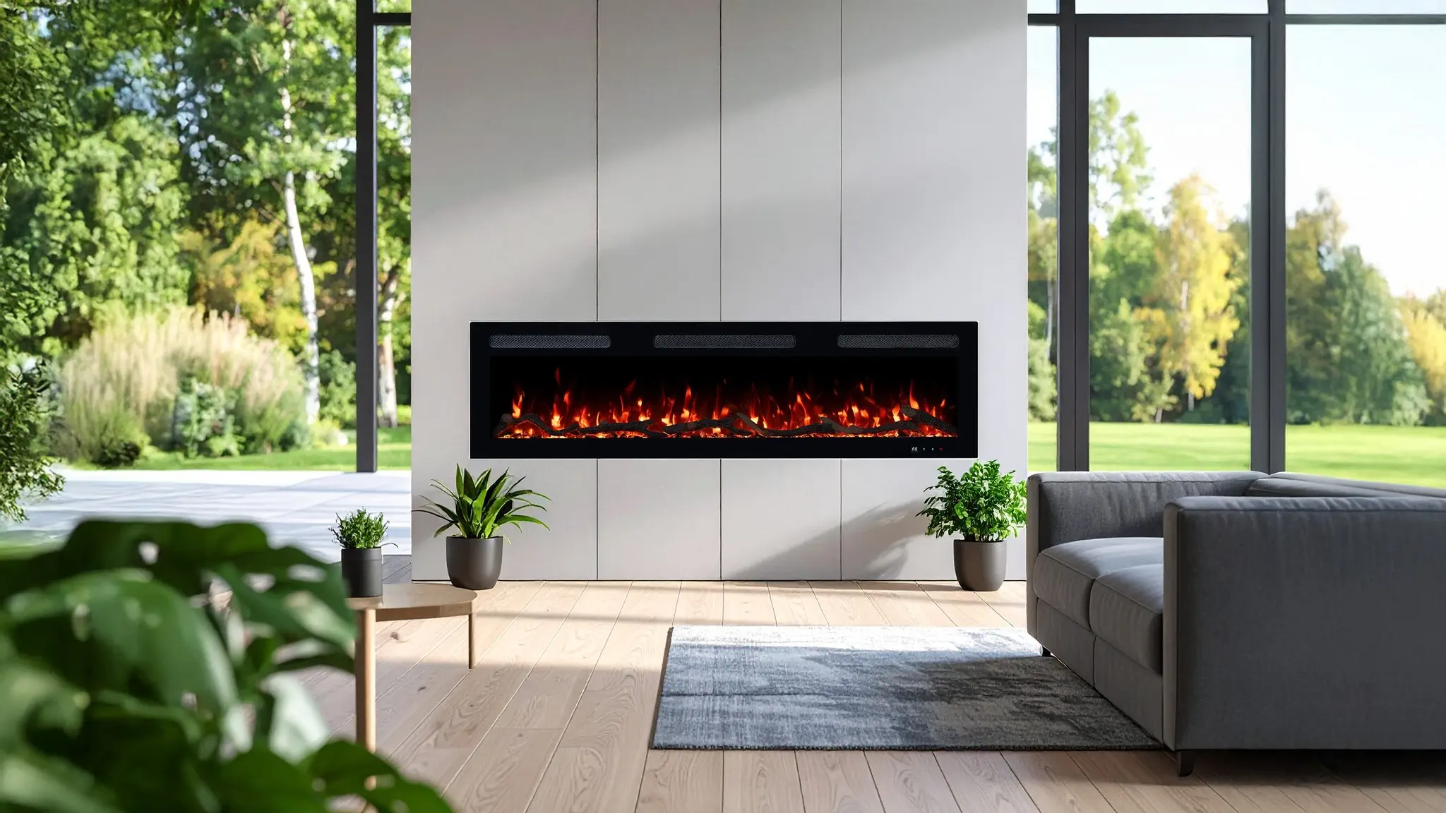 Elektrische wandinbouwhaard Monarch van Emotion Flame, realistische vuuruitstraling met decoratief hout en kristallen in een modern interieurontwerp.