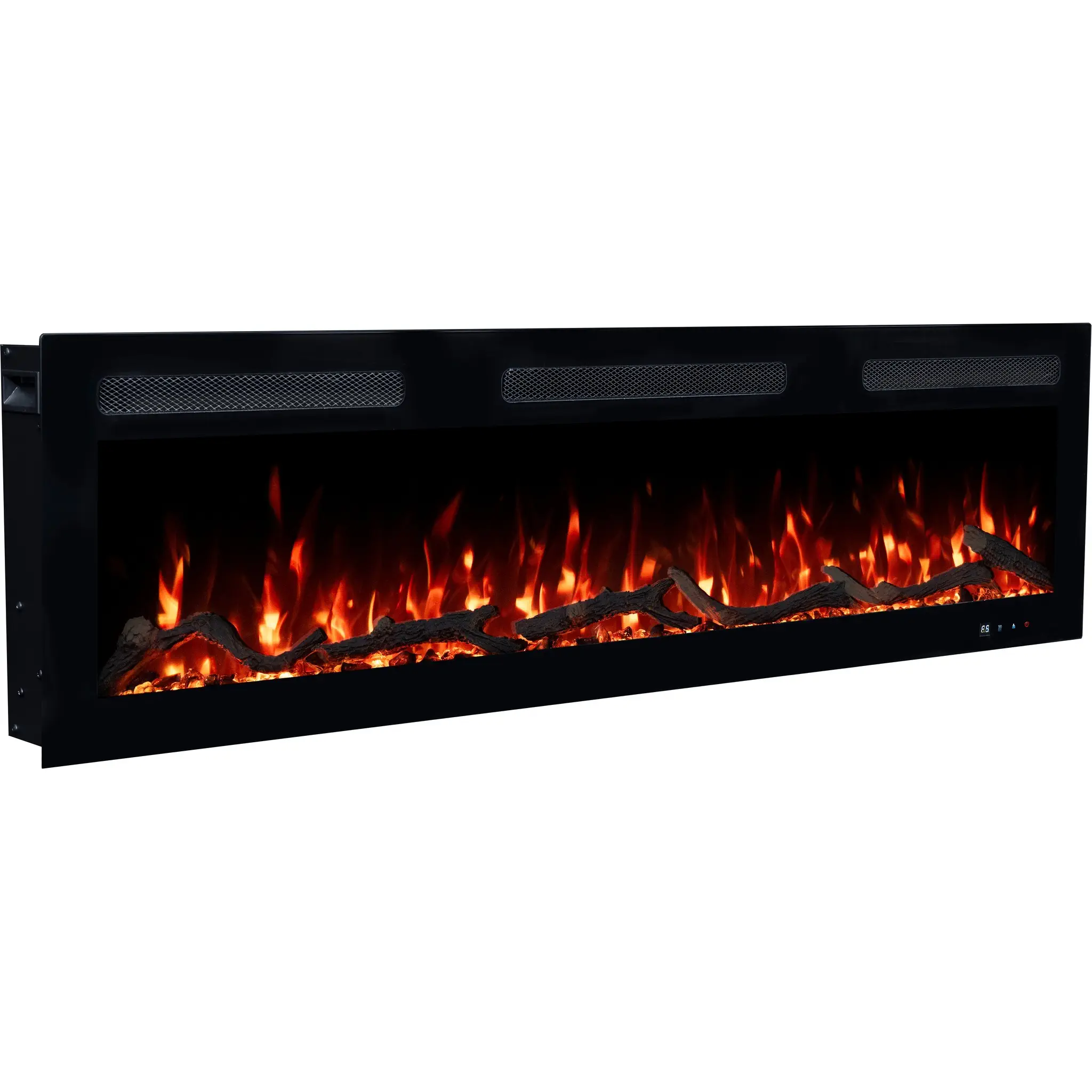 Elektrische haard Monarch van Emotion Flame, zijaanzicht met een oranje LED-vlameffect boven realistische houtblokken en kristallen.