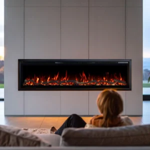Moderne elektrische inbouw-wandhaard Emotion Flame Regal, woonkamerwand met realistisch vlameffect en houtblokken.