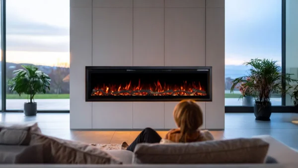 Moderne elektrische inbouw-wandhaard Emotion Flame Regal, woonkamerwand met realistisch vlameffect en houtblokken.