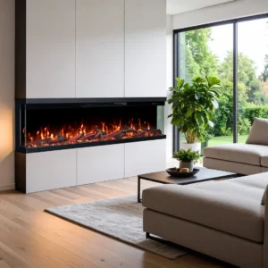 Ingebouwde driezijdige elektrische haard Emotion Flame Unity in een moderne wandopstelling in de woonkamer met een realistisch vlameffect, zijaanzicht.