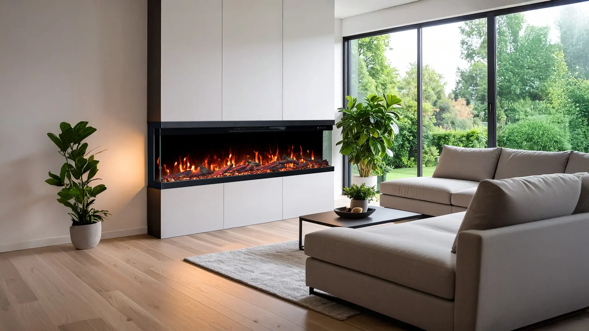 Ingebouwde driezijdige elektrische haard Emotion Flame Unity in een moderne wandopstelling in de woonkamer met een realistisch vlameffect, zijaanzicht.
