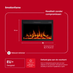 Afmetingen van de elektrische inbouwhaard Infinity van Emotion Flame. De infographic toont een hoogte van 50 cm, beschikbare breedtes van 66 tot 81 cm en kenmerken zoals het geharde glazen voorpaneel.