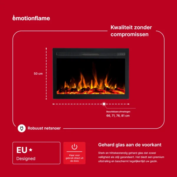 Afmetingen van de elektrische inbouwhaard Infinity van Emotion Flame. De infographic toont een hoogte van 50 cm, beschikbare breedtes van 66 tot 81 cm en kenmerken zoals het geharde glazen voorpaneel.