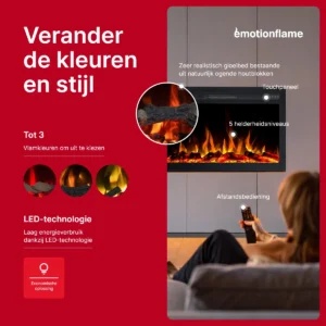 Bediening en designopties van de elektrische inbouwhaard Infinity van Emotion Flame. De infographic toont 3 vlamkleuren, een touch-paneel, 5 helderheidsniveaus en een afstandsbediening.